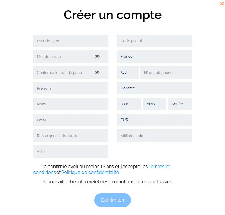 Processus d'inscription 10Black Casino